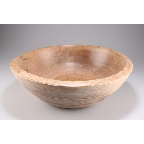 505 - A SYCAMORE DAIRY BOWL, 19TH CENTURY, typical circular form, with banded decoration. 41.5cm diameter