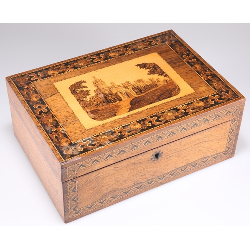 507 - A VICTORIAN TUNBRIDGE WARE SEWING BOX, the hinged rectangular cover decorated with a view of Eridge ... 