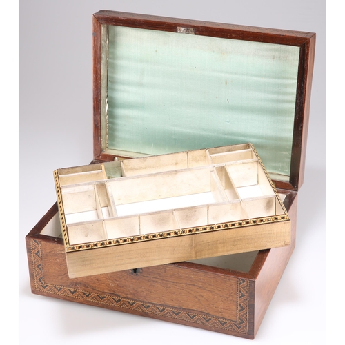 507 - A VICTORIAN TUNBRIDGE WARE SEWING BOX, the hinged rectangular cover decorated with a view of Eridge ... 