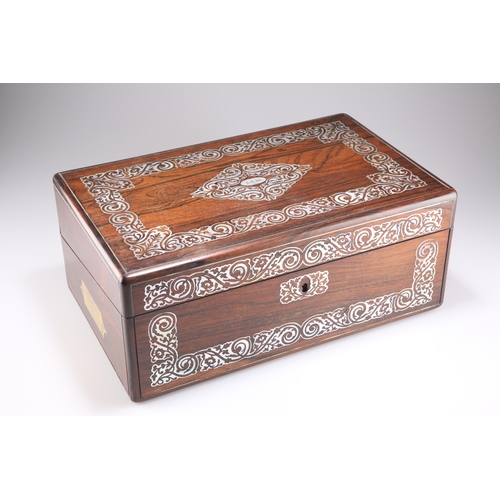 512 - A MID-VICTORIAN MOTHER-OF-PEARL INLAID ROSEWOOD WRITING BOX, rectangular, the interior with tooled w... 