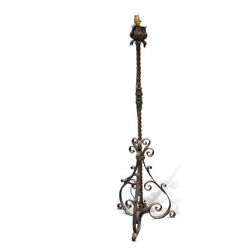 521 - A GILDED WROUGHT IRON STANDARD LAMP, PROBABLY SPANISH, LATE 19TH CENTURY, with spirally turned stem ... 