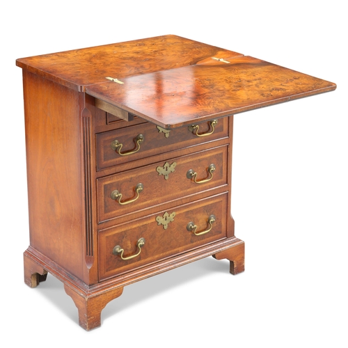 551 - A GEORGIAN STYLE BURR ELM AND INLAID BACHELORS CHEST, the hinged rectangular top with inverted corn... 