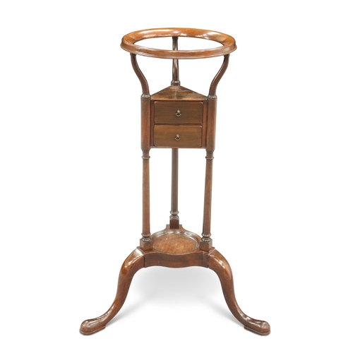 568 - A GEORGE III MAHOGANY GENTLEMAN'S SHAVING STAND, fitted with two drawers, raised on downswept legs t... 