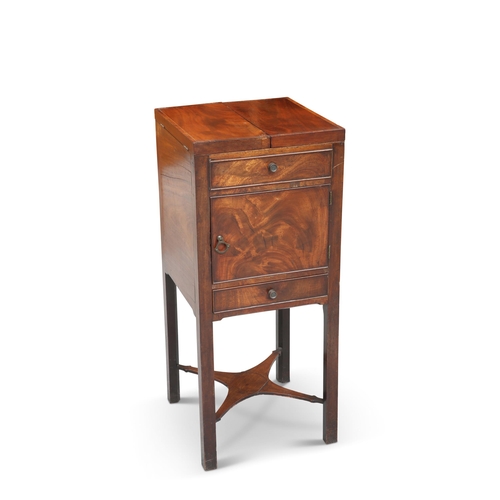 576 - A GEORGE III MAHOGANY WASHSTAND, the top with twin hinged covers opening to reveal cut-outs for bowl... 