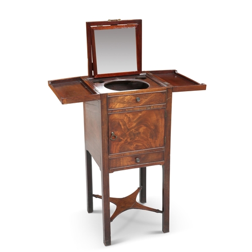 576 - A GEORGE III MAHOGANY WASHSTAND, the top with twin hinged covers opening to reveal cut-outs for bowl... 