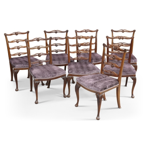 583 - A SET OF EIGHT GEORGE III STYLE MAHOGANY DINING CHAIRS, each with openwork wavy ladder back, raised ... 