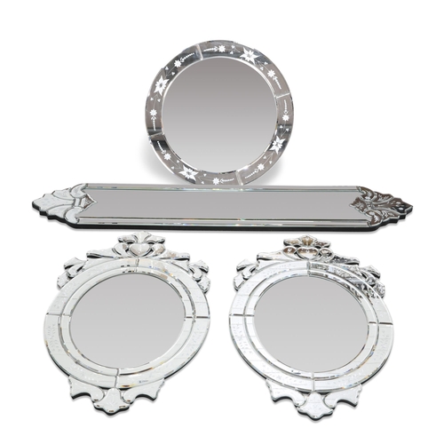 584 - FOUR CONTEMPORARY MIRRORS IN VENETIAN STYLE, comprising a pair of ovals, a circular and a long dress... 