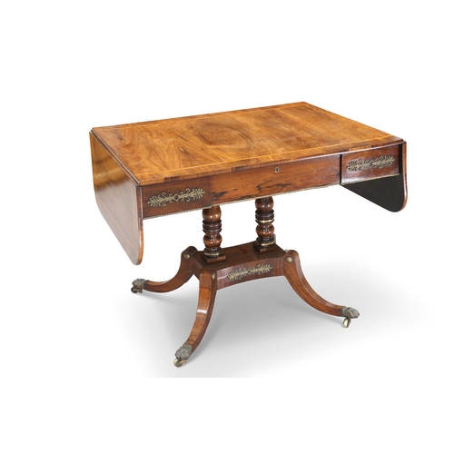 597 - A REGENCY BRASS-MOUNTED AND INLAID ROSEWOOD SOFA TABLE, the drop ends with rounded corners, the top ... 