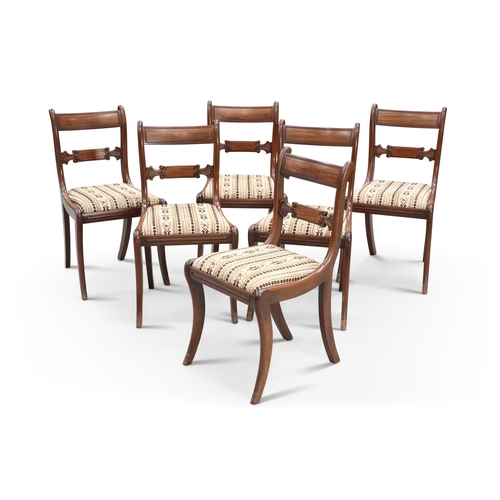 601 - A SET OF SIX REGENCY MAHOGANY DINING CHAIRS, each with drop-in seat and sabre legs. (6) Height of ba... 