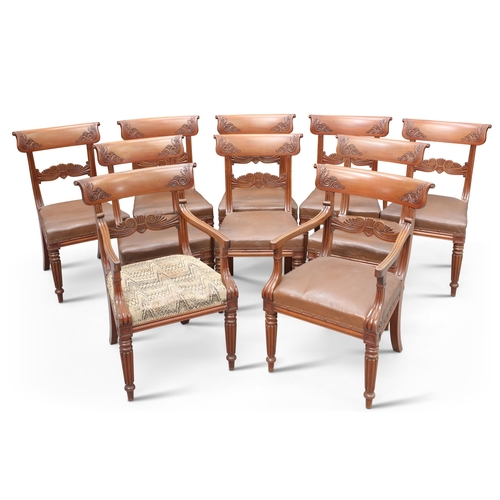 603 - A SET OF TEN WILLIAM IV MAHOGANY DINING CHAIRS, including two carvers, possibly Scottish, with scrol... 