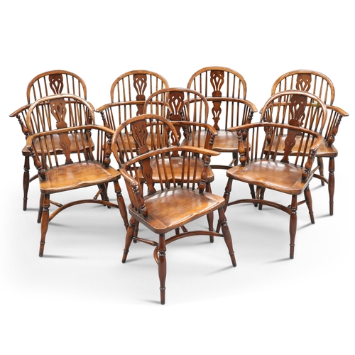 605 - A GOOD SET OF EIGHT PERIOD STYLE YEW AND OAK WINDSOR CHAIRS, each with pierced splats and crinoline ... 