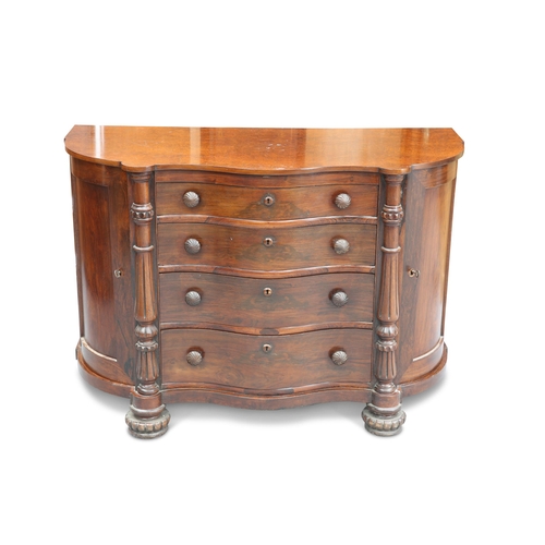 612 - A 19TH CENTURY CONTINENTAL ROSEWOOD COMMODE, the burrwood serpentine top above four conforming gradu... 