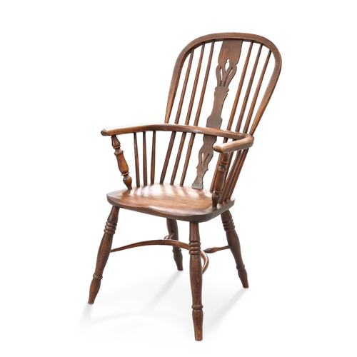 614 - A 19TH CENTURY ELM AND OAK WINDSOR CHAIR, with high-back and crinoline stretcher. Height of back 104... 