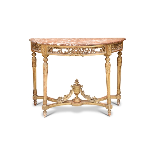 615 - A 19TH CENTURY FRENCH MARBLE-TOPPED GILTWOOD CONSOLE TABLE, LABEL OF BEDEL & SIE, the moulded demilu... 