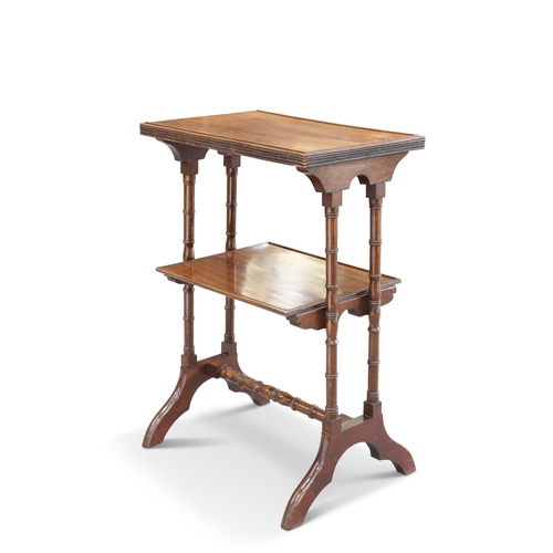 617 - A 19TH CENTURY MAHOGANY ÉTAGÈRE, each rectangular surface with a reeded edge, raised on ring-turned ... 