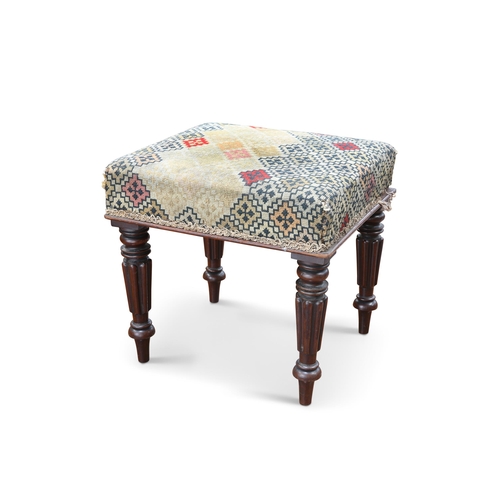 619 - A 19TH CENTURY MAHOGANY STOOL, of Gillows type, the square upholstered seat raised on reeded taperin... 