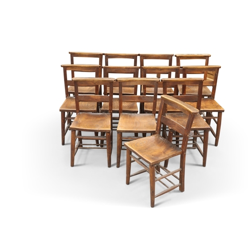 633 - A GROUP OF TWELVE BEECH AND OAK CHAPEL CHAIRS, LATE 19TH/EARLY 20TH CENTURY, of characteristic form.... 