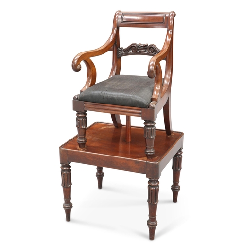 636 - AN EARLY VICTORIAN MAHOGANY CHILD'S CHAIR ON STAND, with scrolling arms and leaf-carved tapering leg... 