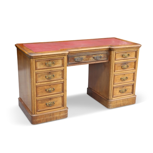 643 - A VICTORIAN MAHOGANY DESK, STAMPED RUMNEY & CO, LIVERPOOL, the inverted breakfront moulded top with ... 