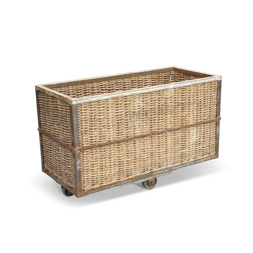 647 - A VICTORIAN MILL BASKET, of rectangular form, with metal frame and cane sides and base, moving on fo... 