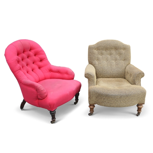 654 - TWO VICTORIAN BUTTON-BACK COUNTRY HOUSE CHAIRS, the first with fluted forelegs and stamped numbers; ... 