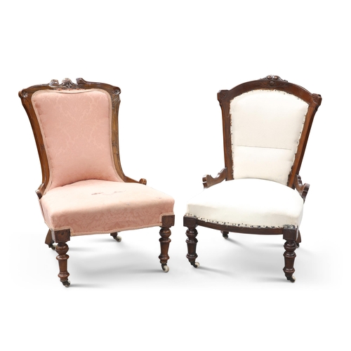 655 - TWO VICTORIAN COUNTRY HOUSE CHAIRS, each upholstered and raised on turned legs. (2) Height of back o... 