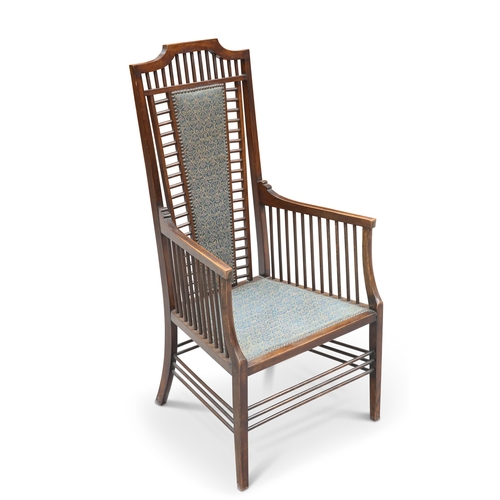 677 - AN ARTS AND CRAFTS STAINED BEECH ARMCHAIR, with spindle back and arms enclosed by further spindles, ... 