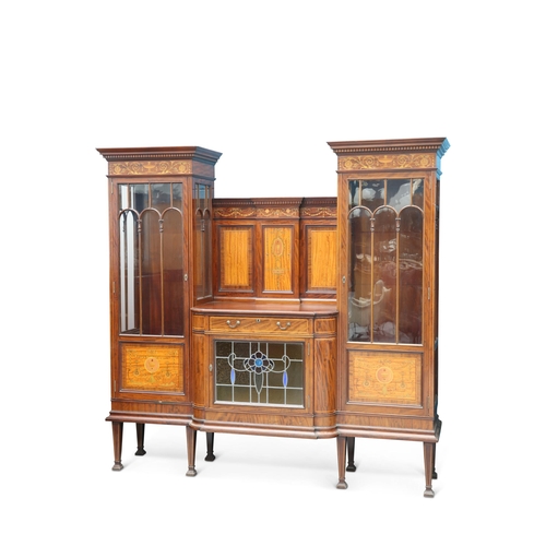 686 - A FINE EDWARDIAN INLAID MAHOGANY AND SATINWOOD VITRINE, SIGNED ROBSON & SONS, NEWCASTLE-UPON-TYNE, w... 