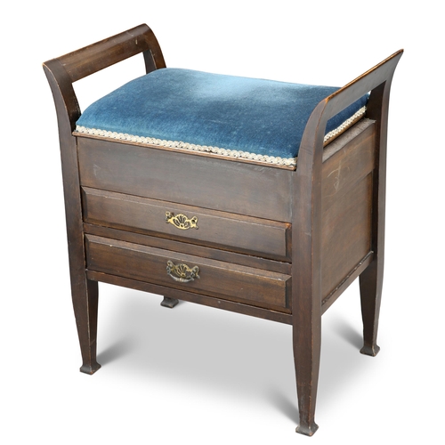 692 - AN EDWARDIAN PIANO STOOL, with hinged box seat and twin drawers. 54cm wide