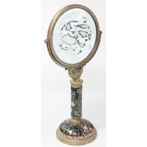 696 - A BRASS-MOUNTED CHINOISERIE TABLE MIRROR, the adjustable circular mirror enamel painted to the rever... 