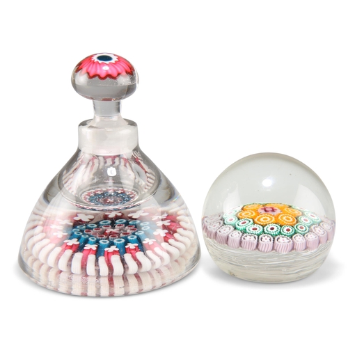 7 - A 19TH CENTURY ENGLISH STYLE MILLEFIORI INK WELL, of domed form with mushroom stopper, the base with... 