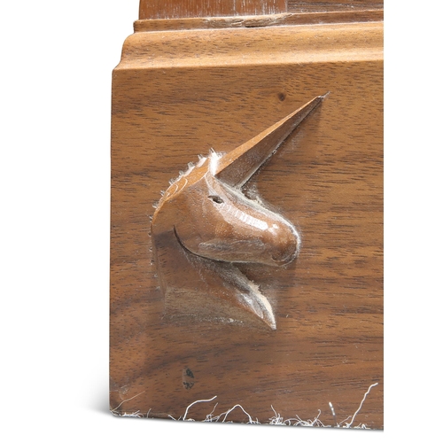 725 - COXWOLD CABINET MAKERS, A UNICORNMAN WALNUT CORNER CABINET, of substantial proportions, the moulded ... 