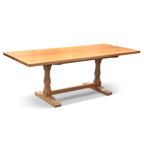 730 - BOB HUNTER, A WRENMAN OAK REFECTORY DINING TABLE, the adzed rectangular top on two carved octagonal ... 