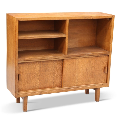 732 - WILF HUTCHINSON, A SQUIRRELMAN SMALL OAK SIDEBOARD, 1960S, the cabinet with three open shelves above... 