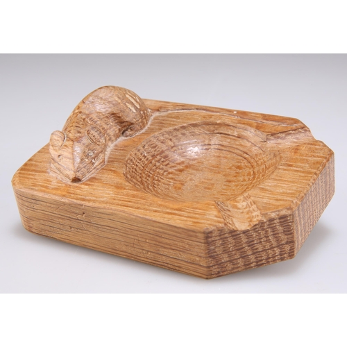 734 - ROBERT THOMPSON OF KILBURN, A MOUSEMAN OAK ASHTRAY, of characteristic form, with carved mouse signat... 