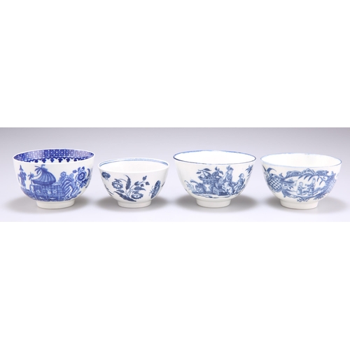 74 - FOUR WORCESTER BLUE AND WHITE TEA BOWLS, comprising 'Mother and Child and Man Fishing' pattern, 'Fis... 