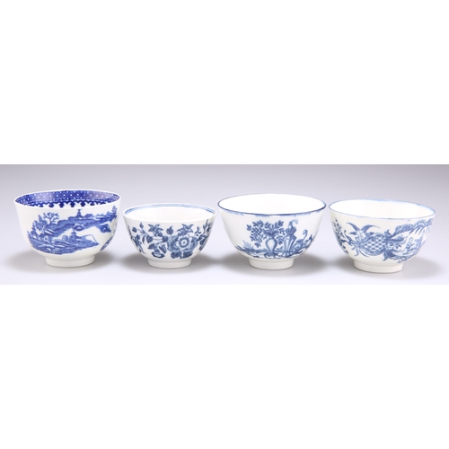 74 - FOUR WORCESTER BLUE AND WHITE TEA BOWLS, comprising 'Mother and Child and Man Fishing' pattern, 'Fis... 