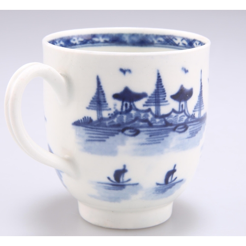 81 - A WORCESTER COFFEE CUP, CIRCA 1770, with grooved handle, underglaze blue painted with the 'Rock Stra... 