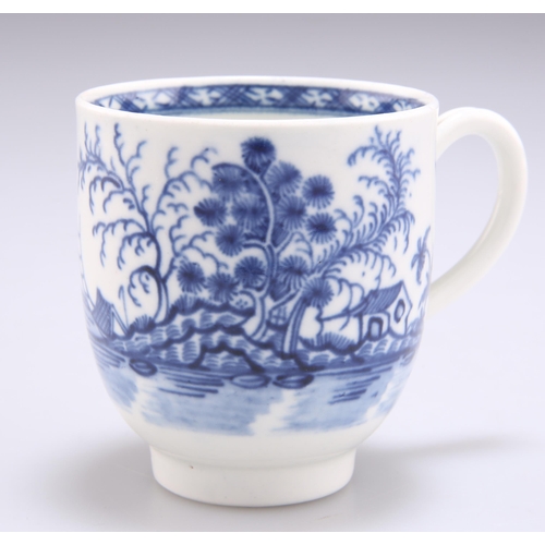 81 - A WORCESTER COFFEE CUP, CIRCA 1770, with grooved handle, underglaze blue painted with the 'Rock Stra... 