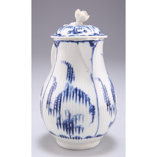 84 - A WORCESTER SPARROW-BEAK MILK JUG AND COVER, CIRCA 1770, of reeded baluster form, underglaze blue pa... 