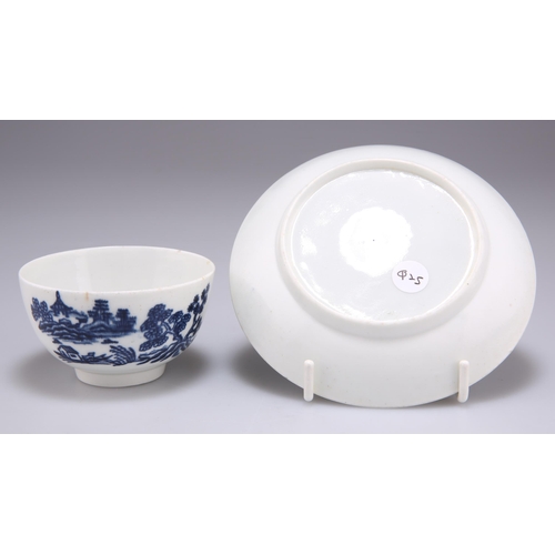 88 - A WORCESTER TEA BOWL AND SAUCER, CIRCA 1758, underglaze blue printed with the 'Man in the Pavilion' ... 