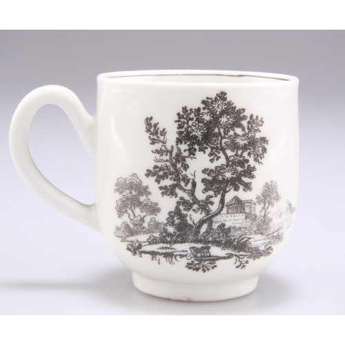 90 - A MID TO LATE 18TH CENTURY WORCESTER PORCELAIN 'EUROPEAN RUINS' COFFEE CUP, with loop handle, black ... 