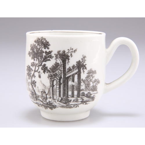 90 - A MID TO LATE 18TH CENTURY WORCESTER PORCELAIN 'EUROPEAN RUINS' COFFEE CUP, with loop handle, black ... 