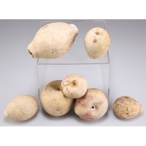 396 - A COLLECTION OF CARVED ALABASTER FRUIT, including lemon, apple, peach, etc., some with trace remains... 