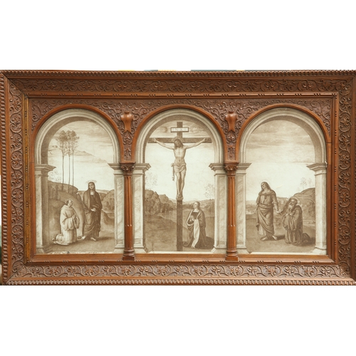 631 - A FINE CARVED WALNUT TRIPTYCH PICTURE FRAME, 19TH CENTURY, carved with scrolling foliage and fluted ... 