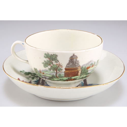 86 - A WORCESTER PORCELAIN 'EUROPEAN RUINS' TEACUP AND SAUCER, CIRCA 1765, printed and enamelled with fig... 