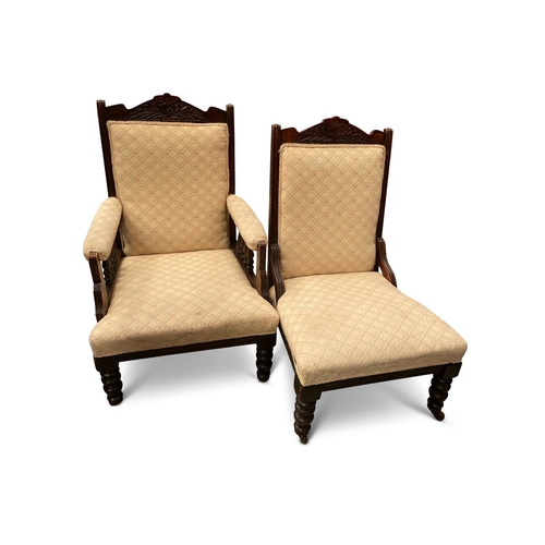 663 - A PAIR OF LATE VICTORIAN BEECH AND UPHOLSTERED DRAWING ROOM CHAIRS, each with carved crest. (2) Heig... 