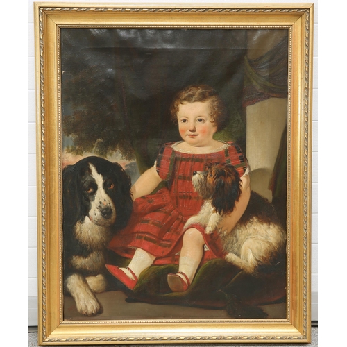 2041 - 19TH CENTURY BRITISH SCHOOL CHILD IN PLAID DRESS WITH TWO DOGS Indistinctly initialled and dated 185... 