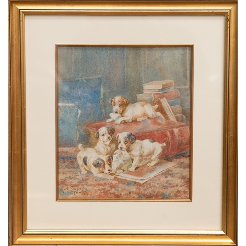 2069 - KATE SOWERBY (act 1883-1900) JACK RUSSELL PUPPIES Signed and dated 1895
Watercolour
 (23cm x 19cm)... 