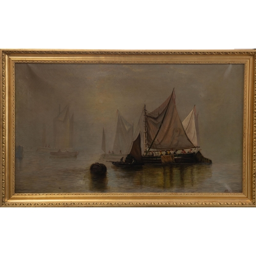 2089 - WICKER (19TH CENTURY) BOATS IN A HARBOUR Signed HB(?) Wicker and dated 1884
Oil on canvas
 (59cm x 1... 